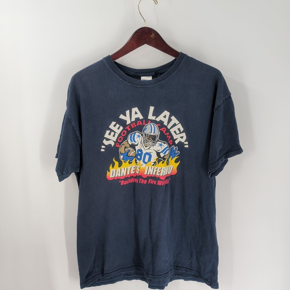 Vtg 90's Gildan Ultra Cotton Dante's Inferno Lettering Graphic T-Shirt Blue L‎